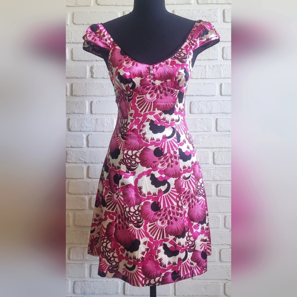 Guess Pink Satin Mini A-line Dress Pink Black Lace Plunging Front & Back